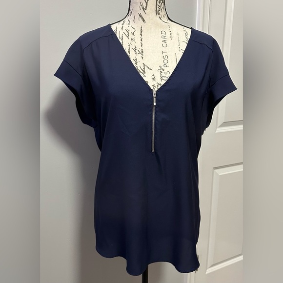 New York & Company Tops - 👚 7th Avenue Solid Zip-Front Short Sleeve Blouse - Navy Blue, Size Large 🌟